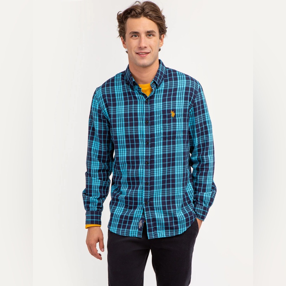 60- Ralph Lauren blue plaid custom fit button down